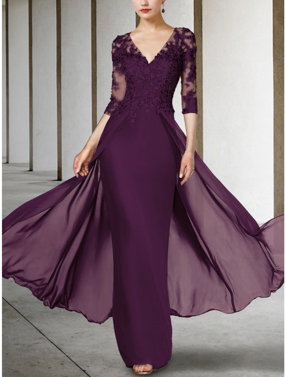 Wholesale Sheath / Column Mother of the Bride Dress Wedding Guest Elegant V Neck Ankle Length Chiffon Lace Half Sleeve with Ruching Solid Color